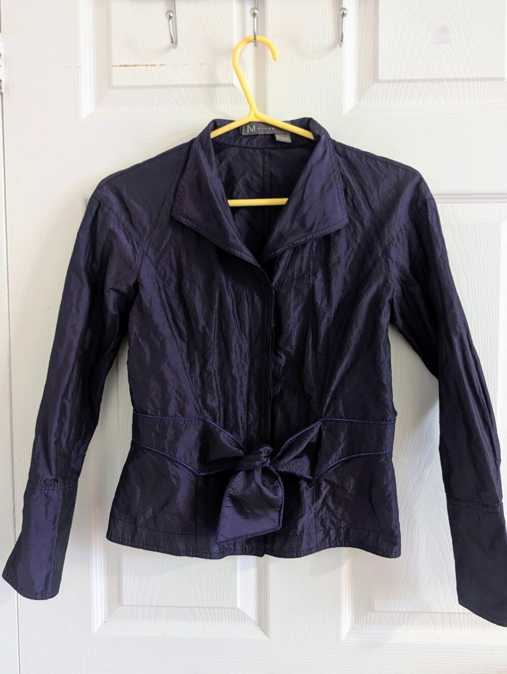 MISIAMO Iridescent Eggplant Purple Jacket – Crinkle Shimmer Tie-Waist Top - 6